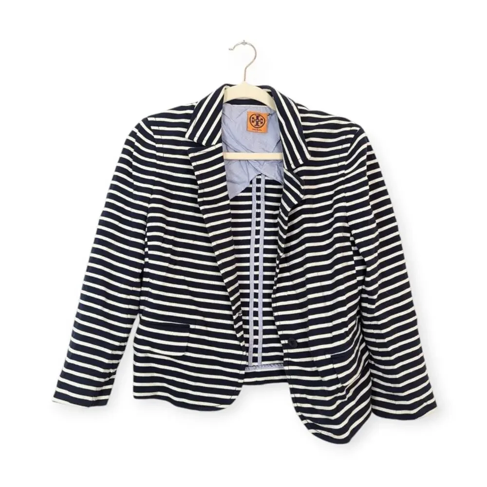 Tory Burch Navy & Cream Striped Knit Nautical Blazer